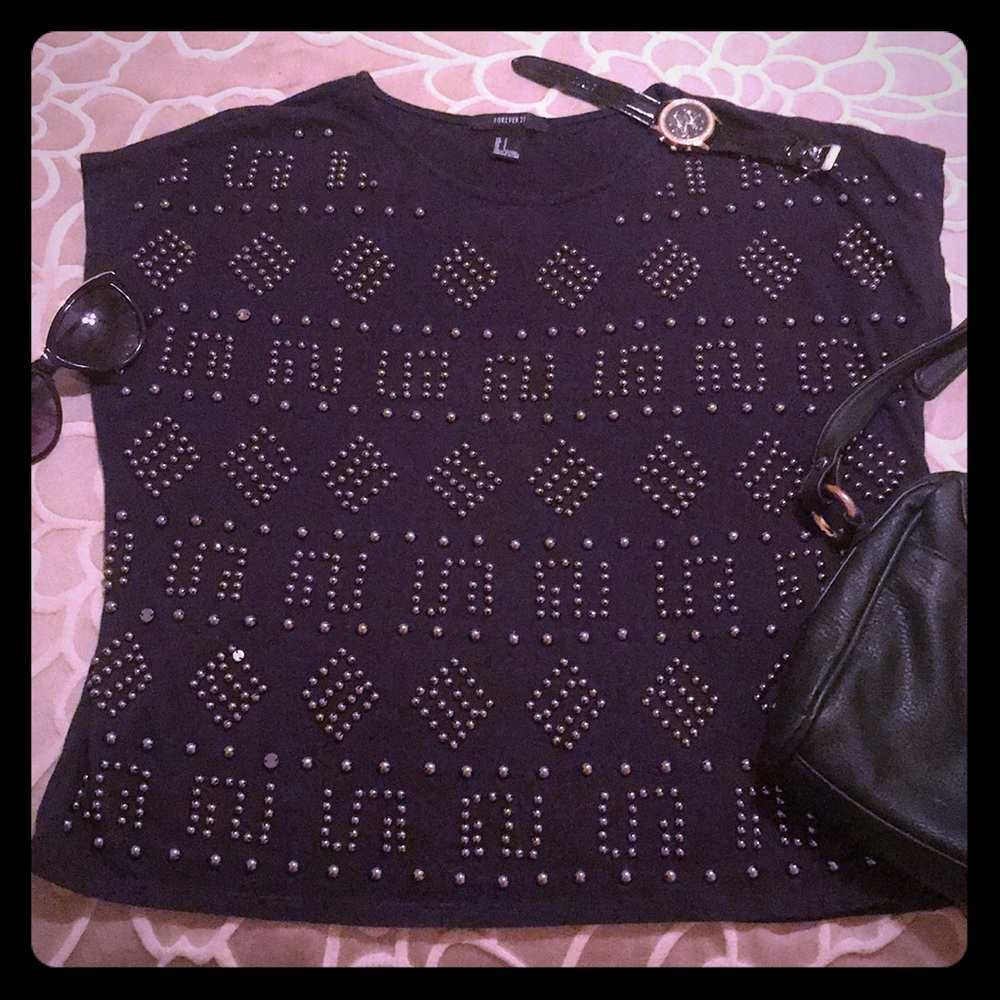 Beaded navy blue Forever 21 shirt - Picture 1 of 5